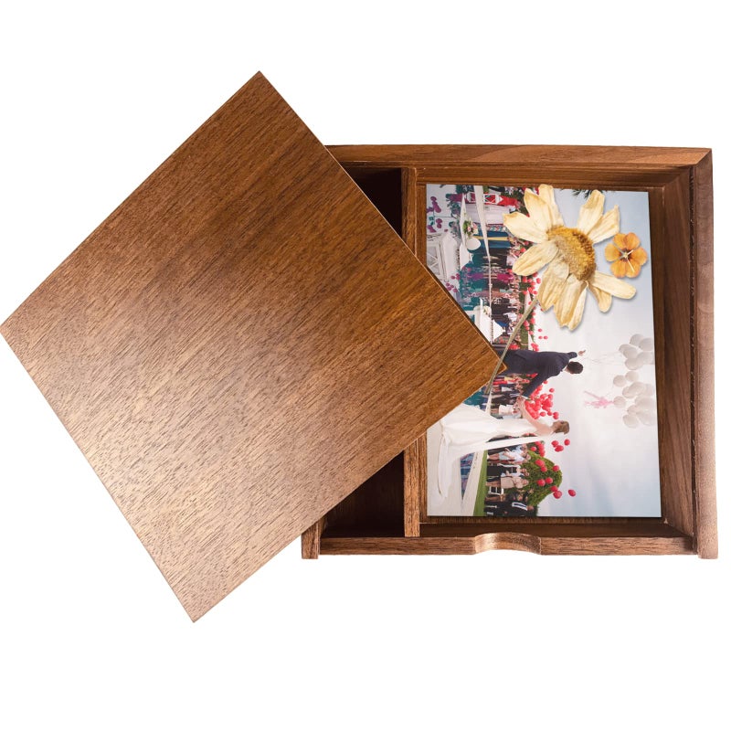 JBOS Wood Gift Box with Sliding Top, JBOS Discrete Sliding-Lid Wooden Boxes Photo Box Wedding Memory Box for Friends/Business Partners/Photographers/Clients (Walnut, 6.73x6.73x1.38inch) - Image 2